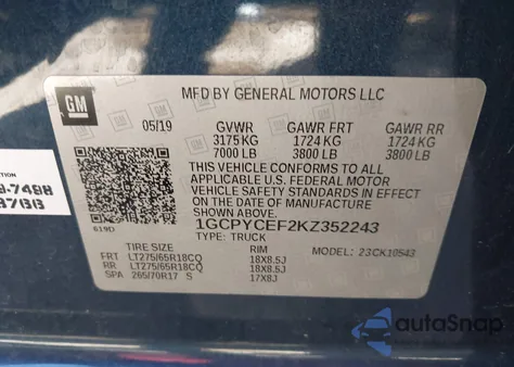 2019 Chevrolet Silverado 1500 Custom Trail Boss z USA, uszkodzony, nr VIN 1GCPYCEF2KZ352243